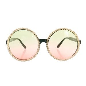 Oversized Round Frame with rhinestones-Black w/Pink and Green lens